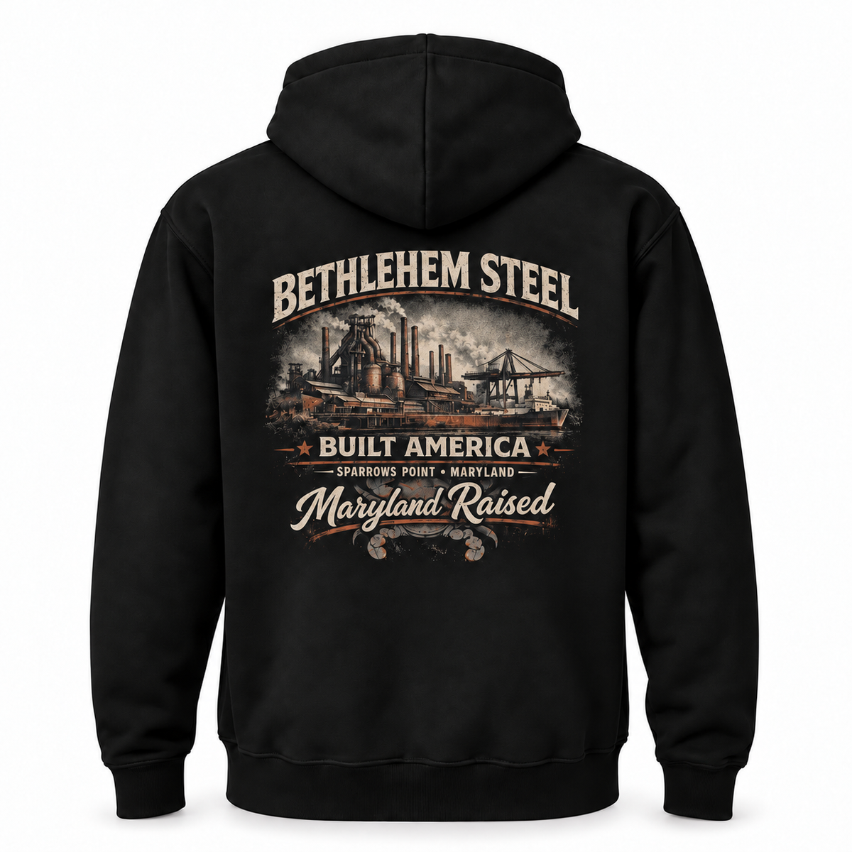 Bethlehem Steel hoodie back in the same muted vintage tones as the T-shirt