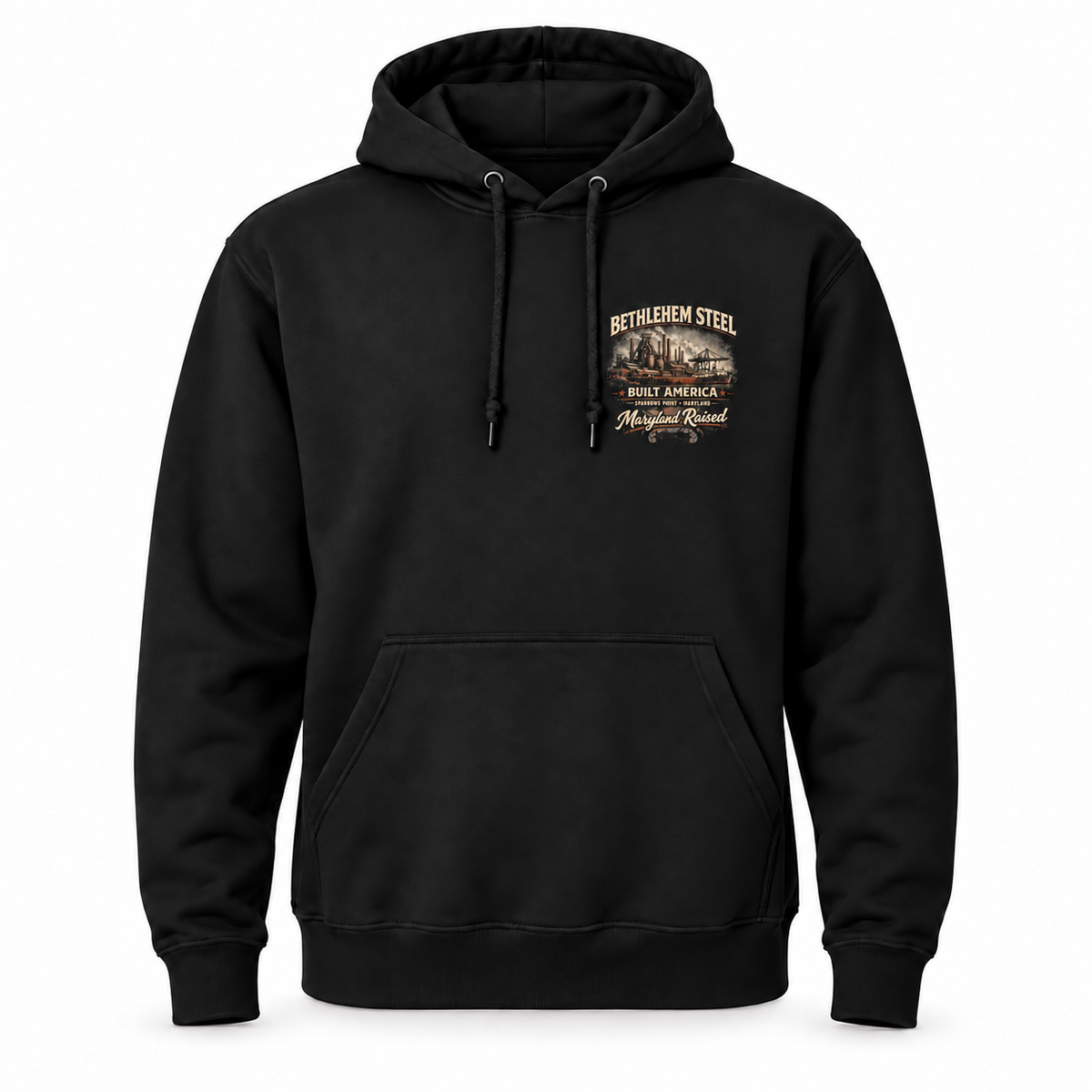 Bethlehem Steel hoodie front in the same muted vintage tones as the T-shirt