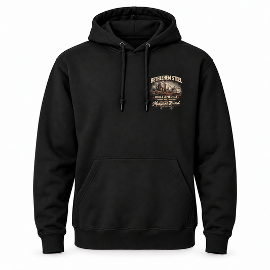 Bethlehem Steel hoodie front in the same muted vintage tones as the T-shirt